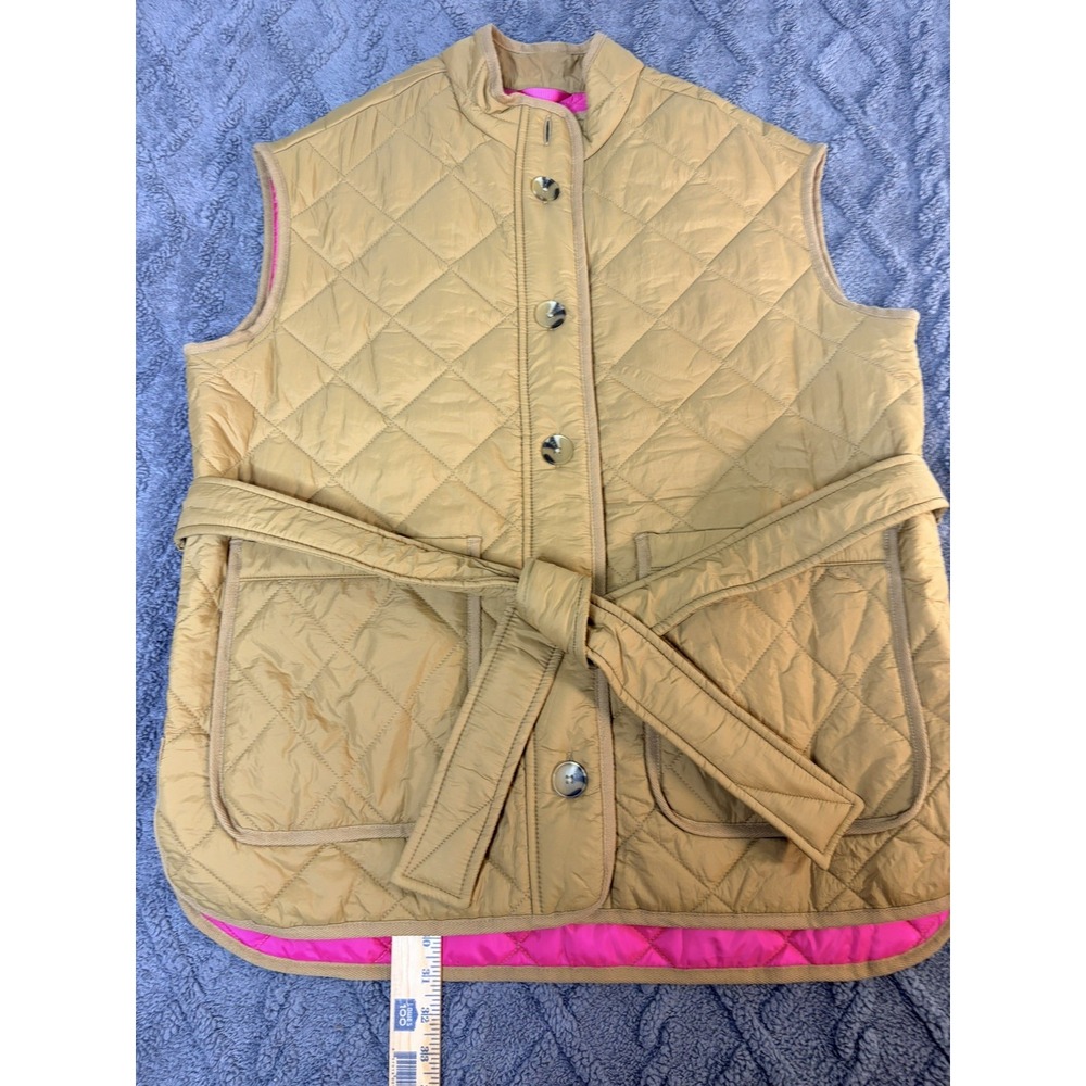 Free Assembly Women's Tan Quilted Vest Pink Lined Button Front Belted Pockets L